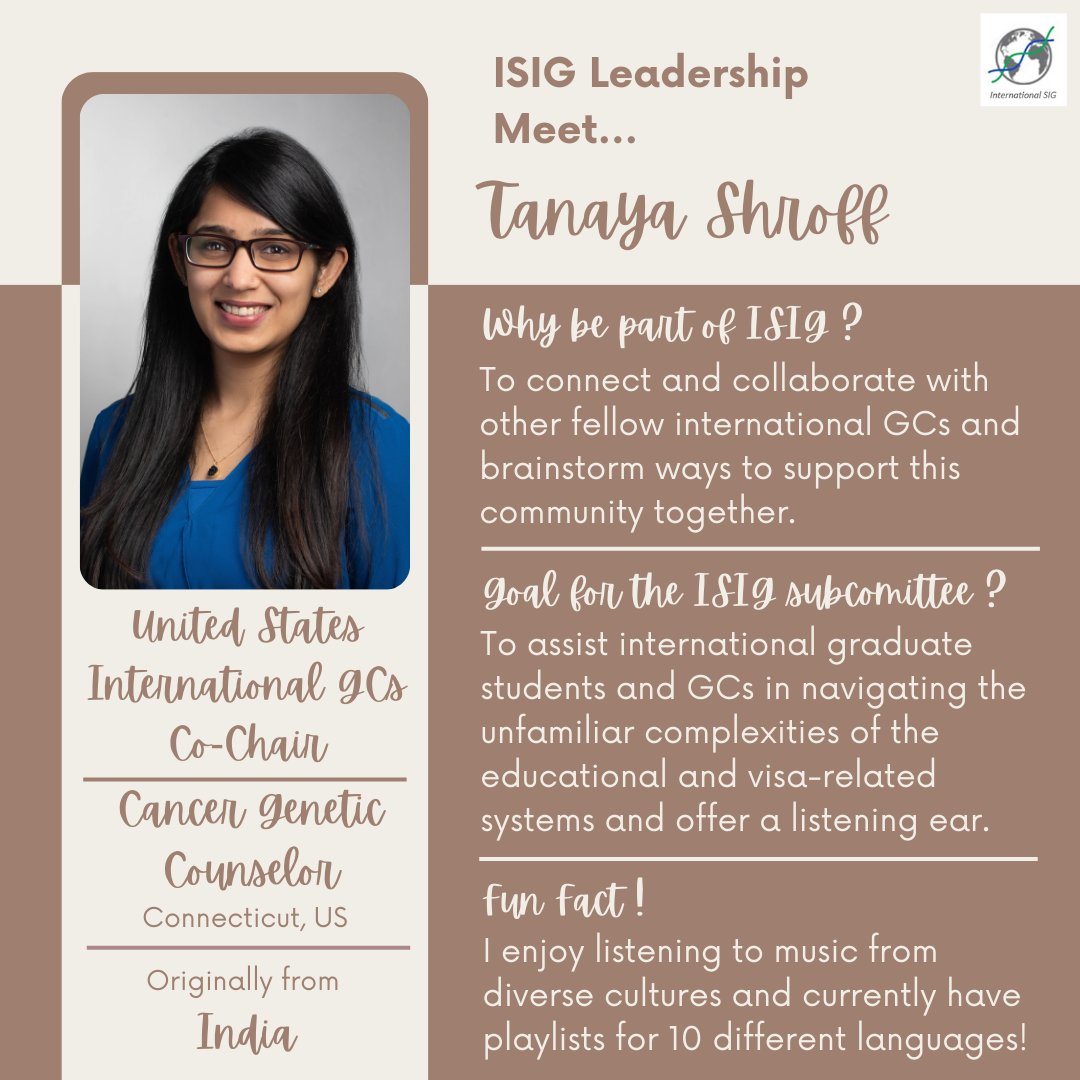 Meet our 'United States International GCs Subcommittee' Co-chair of the International SIG

Tanaya Shroff

#ISIG #InternationalSIG #leadership #subcommittee #cochair #GeneChat #internationalgeneticcounselors #InternationalGCs #geneticcousnelors #Awareness