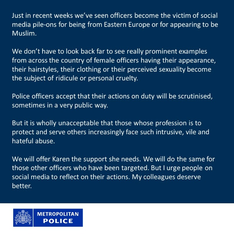 metpoliceuk's tweet photo. A statement from Commissioner Sir Mark Rowley following the online response to the appointment of Commander Karen Findlay as the next Assistant Chief Constable of the British Transport Police.
