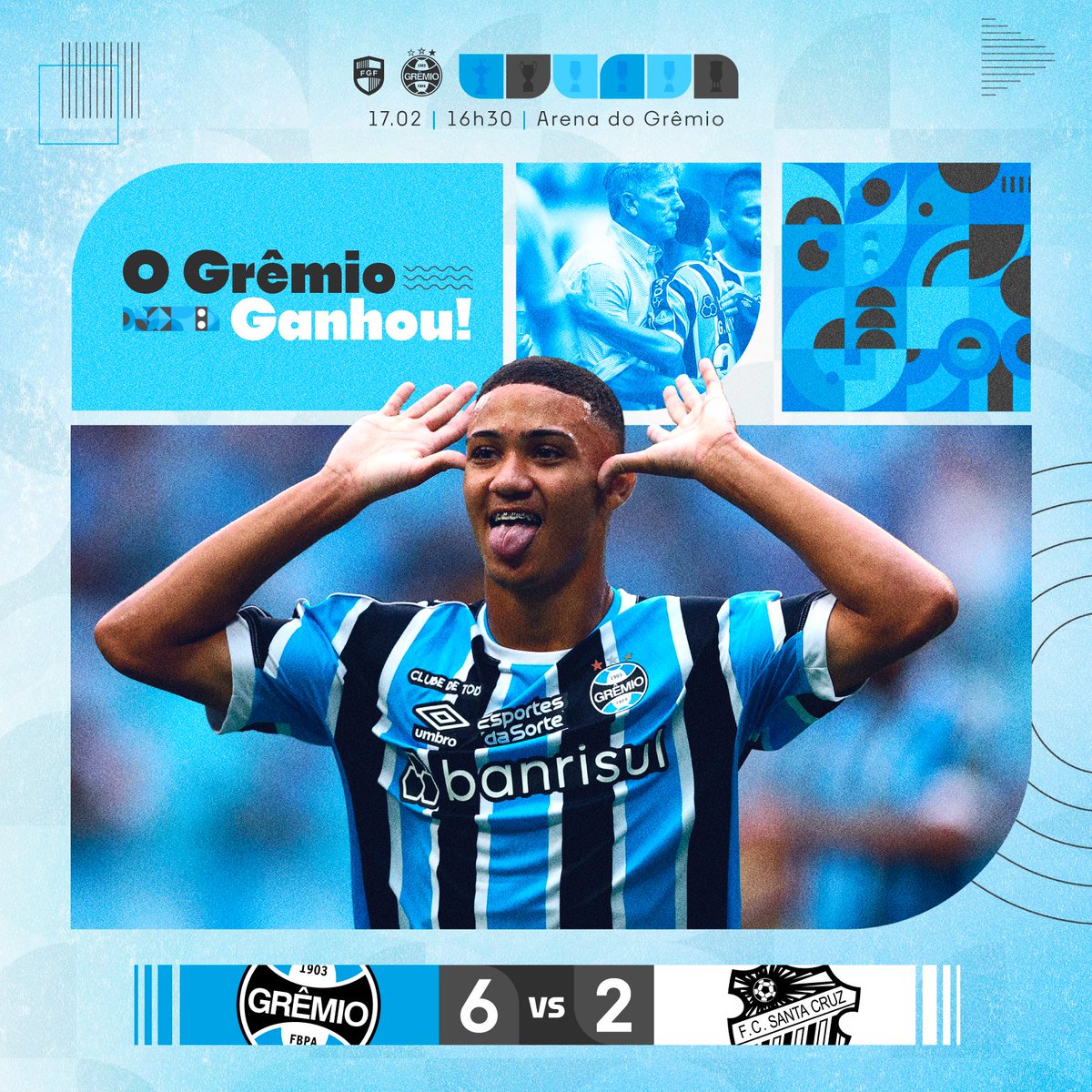 O Grêmio ganhou! #Grêmio 6x2 Santa Cruz
É BOM DEMAIS SER GREMISTA! Gustavo Nunes começou tudo marcando o seu primeiro pelo profissional, depois Cristaldo, João Pedro, Pavon, JP Galvão e André fecharam a conta. QUE BAITA JOGO! 🇪🇪#GRExFCS