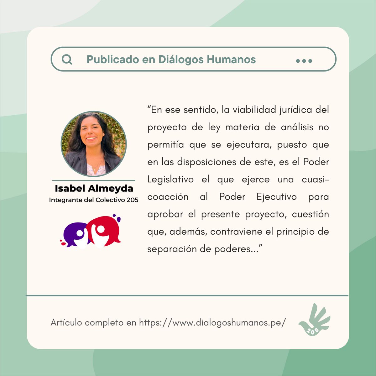 En esta nueva sección, les compartimos el artículo de nuestra integrante Isabel Almeyda, publicado en el portal Diálogos Humanos del Equipo de Derechos Humanos de la PUCP. 

Lee el artículo aquí: dialogoshumanos.pe/2024/01/10/tra…