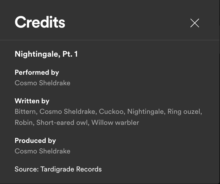 cosmosheldrake's tweet photo. just added credits to the wake up calls album. if you use spotify you can see which birds contributed to the tracks. 🐦‍⬛
https://t.co/ZQQuVupG0b https://t.co/xwDRveujA8