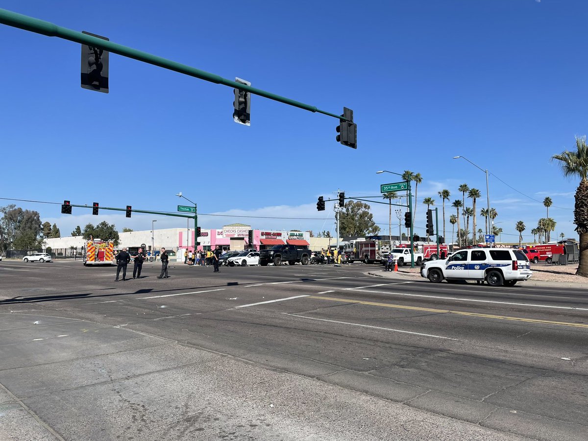 Major accident at the intersection of Thomas and 35th ave. At least five cars involved from what we can see. The intersection is shut down - and there was a secondary car crash another 100 feet or so down 35th ave - with at least two cars involved in that one. @FOX10Phoenix