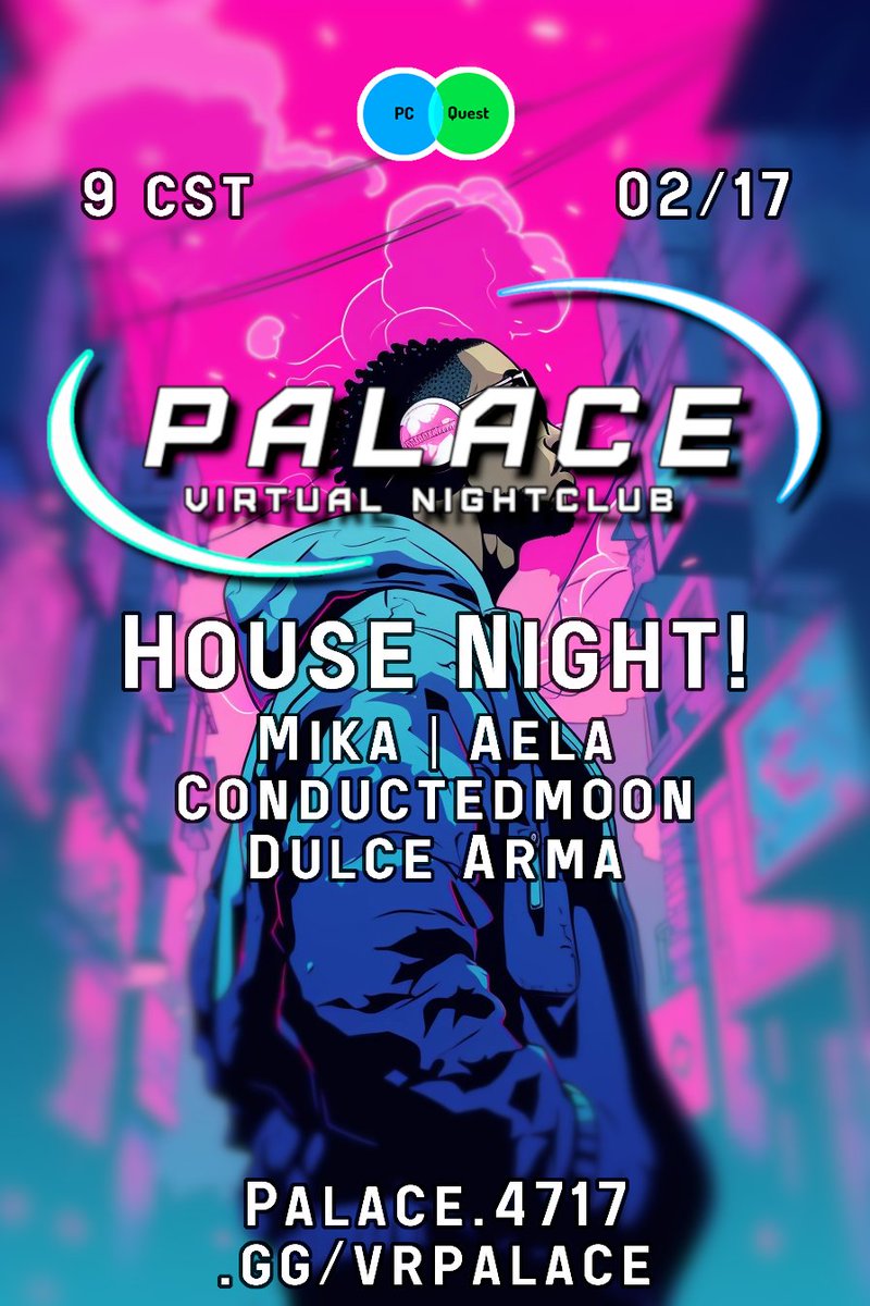 VR_Palace's tweet photo. Join us tonight for an epic time full of banger music and good energy! 🎉We're bringing back the house vibes so have your controllers charged and drinks poured 🍻 More info down below 👇

Doors Open:
7:00 PM PDT

Location:
Afterdark Apartment

Group Instance:
https://t.co/qROnKRM9Av

DJ's:
7:00 PM Mika
8:00 PM Aela
9:00 PM conductedmoon
10:00 PM Dulce Arma

Get notified when the event starts here:
https://t.co/unC6WCLPns

#VRChat #VRChatClub #EDM #Music #Rave