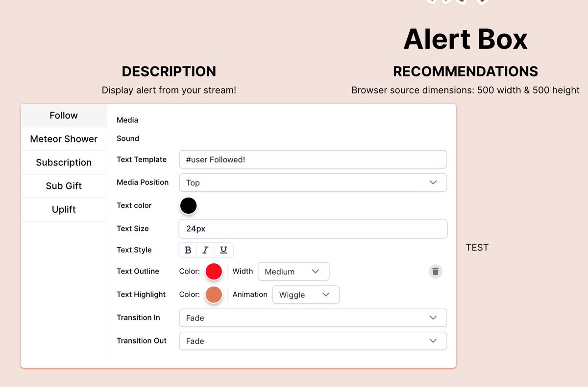 ✨VStream Alert Box Preview✨
The configuration almost finished! Tell me if anything is missing 😀 

- Support custom Media/Sound
- Custom Text settings (size/font/color)
- Text Highlight support
- Text template customizable
- In/Out animations
- Text outline