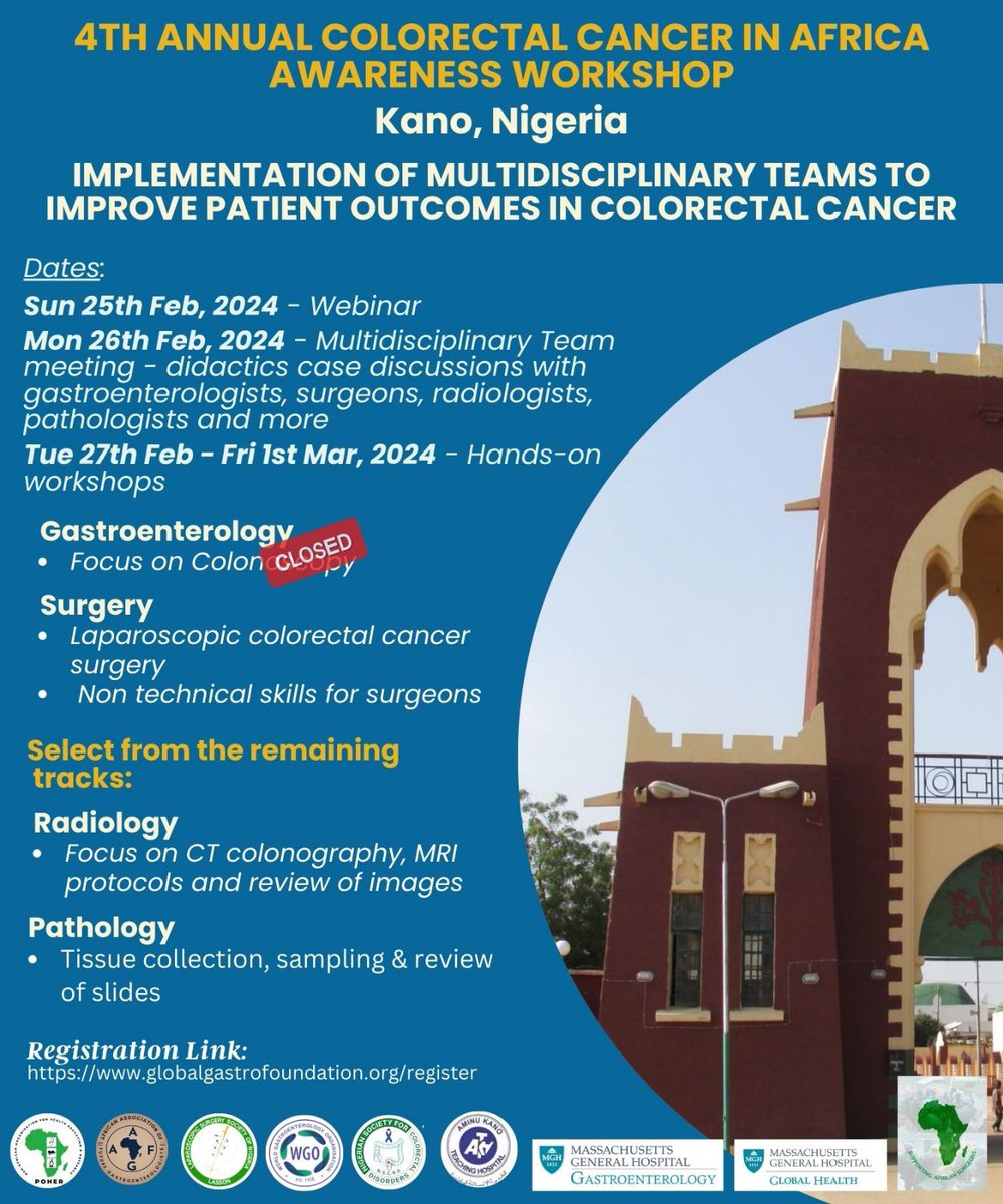 COLORECTAL CANCER IN AFRICA WORKSHOP! 🔊🔊🔊🔊🔊Registration is open for the MDT and select hands-on sessions: globalgastrofoundation.org Join us in Kano, Nigeria and learn more about colorectal cancer. 🗓️ Feb 25th 2024 - March 1st, 2024 #colorectalcancerawareness #globalhealth