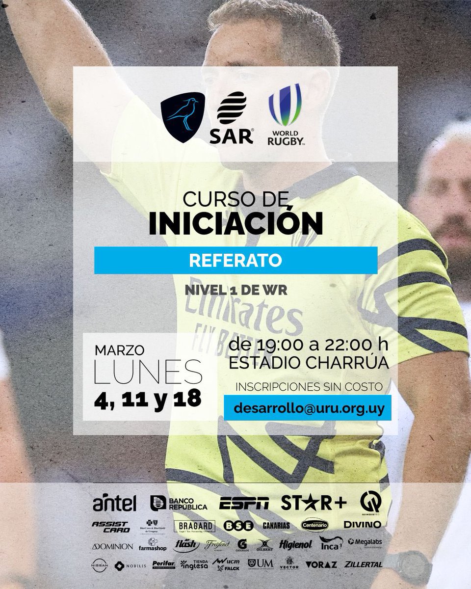 RugbyUruguay's tweet photo. 👨‍🏫 𝗖𝘂𝗿𝘀𝗼 𝗱𝗲 𝗜𝗻𝗶𝗰𝗶𝗮𝗰𝗶𝗼́𝗻 𝗮𝗹 𝗥𝗲𝗳𝗲𝗿𝗮𝘁𝗼 

𝗨𝗥𝗨 - 𝗪𝗼𝗿𝗹𝗱 𝗥𝘂𝗴𝗯𝘆   

📍 Estadio Charrúa 
📆 4, 11 y 18 de Marzo 

Inscripciones, aquí ➡️ https://t.co/KgXQXctEXQ  

#CapacitacionesURU https://t.co/bowQohPQM4