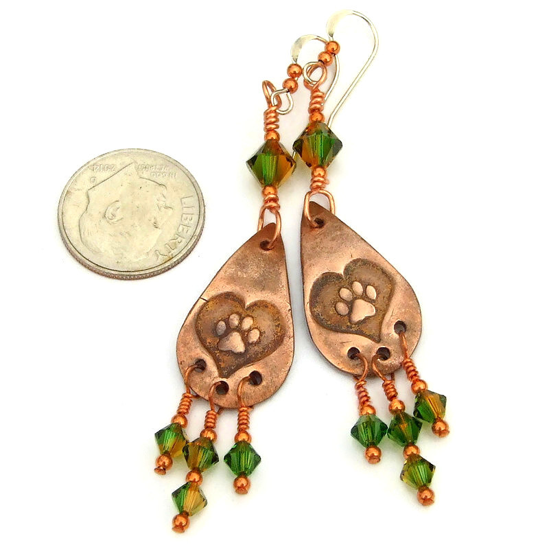 New! Artisan copper #dog #pawprints in #hearts teardrop #earrings w/ sparkling #Swarovski crystal dangles! bit.ly/MyBestFriendSD via @ShadowDogDesign #ShopSmall #DogLover #Handmde #DogEarrings