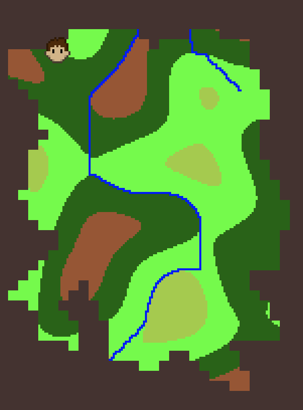 feathertrail's tweet photo. Riffing on simple terrain generation for the ecoregion— elevation (sampling from noise) &amp; rivers/streams (downhill A* pathfinding). Needs more refinement, but this'll dictate the habitat types of individual levels on the grid #birdingRPG #GodotEngine #gamedev #screenshotsaturday https://t.co/2lUU6EdHKk
