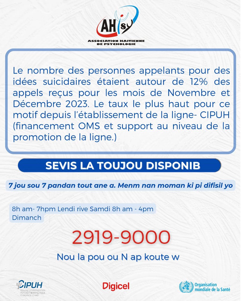 Rele n ap koute w ! Sante mantal enpotan. ! Sitiyasyon nan peyi a gen yon enpak sou sante mantal. Sante mantal dwe yon priyorite ak yon ijans sante piblik. #ahpsy2010 #santemantal #ijans