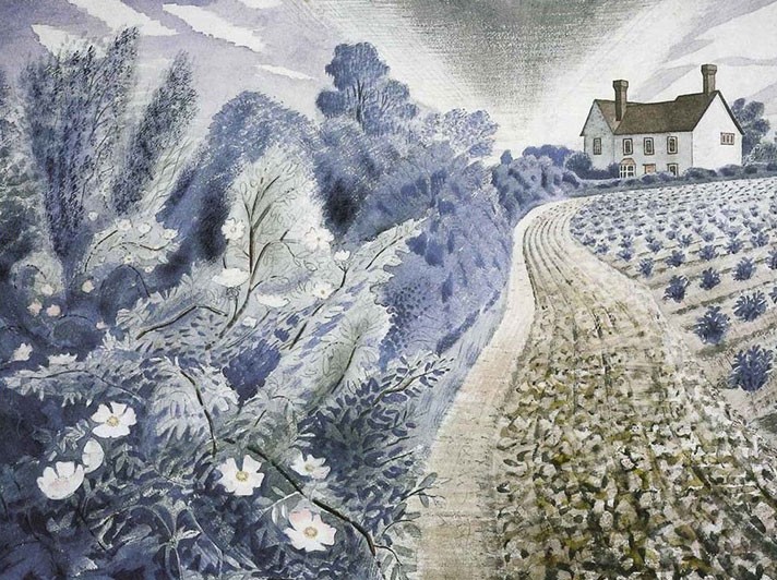 Ravilious1942's tweet image. Farm House and Field, Eric Ravilious, 1941. It depicts Ironbridge Farm, at Shalford in #Essex. The original artwork is in a private collection.