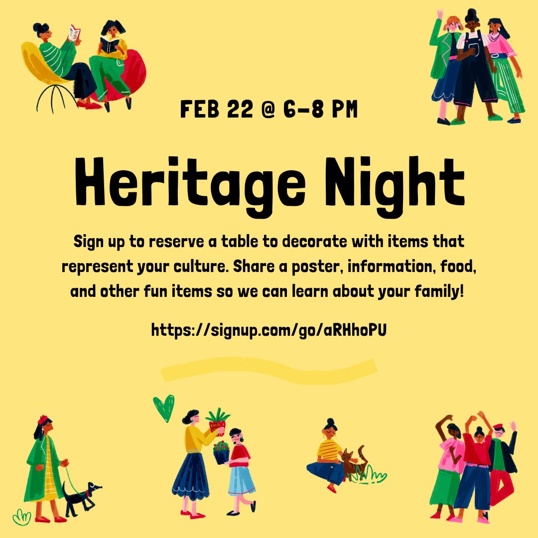 Sign up to reserve a table at <a href="/TMESEagles/">Marshall Elementary</a> Heritage Night on Thursday, Feb 22 to decorate with items that represent your culture! Share a poster, information, food, and other fun items so we can learn about your family! signup.com/go/aRHhoPU