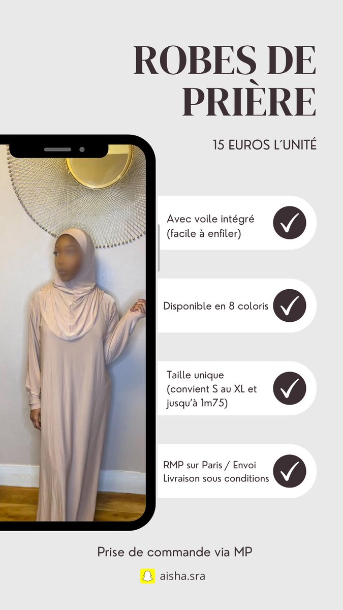 __siraF's tweet photo. Salam Aleykoum mes beautés,
Je me lance dans la vente de robe de prière avec voile intégré au prix de 15€.
Ce sont des tailles uniques qui conviennent de la taille S à XL et jusqu'à 1m75.

Je vous laisse avec le flyer ci-dessous, n’hésitez pas à partager 🥰 https://t.co/qsfTfec3fn