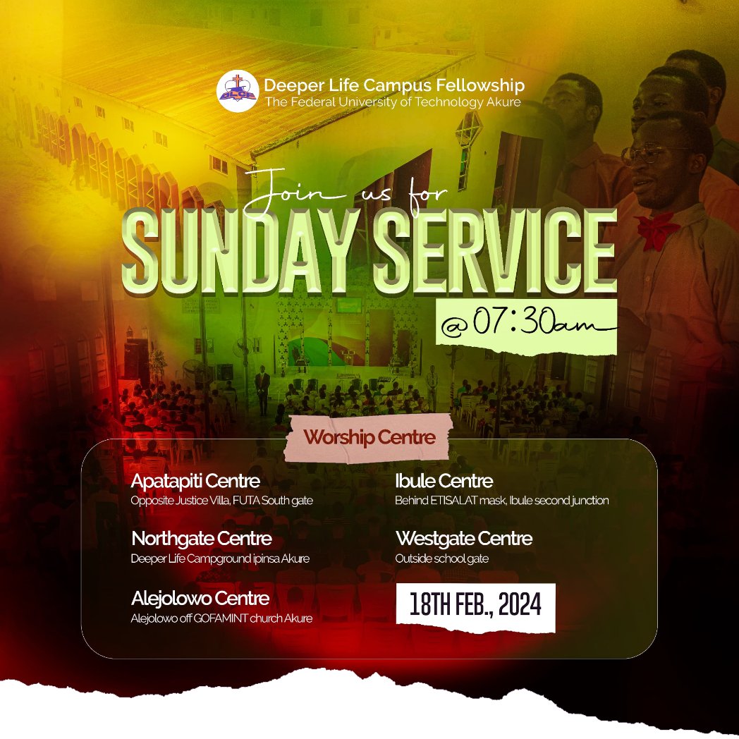 FutaDlcf's tweet photo. In the presence of God there is fullness of Joy 💃 God is set to bless us abundantly tomorrow.

Join us for an enriching  Sunday worship Service by *7:30am*, where we will experience the fullness of God's presence and receive His abundant blessings.

Don't be late! https://t.co/EeaYqBan4j