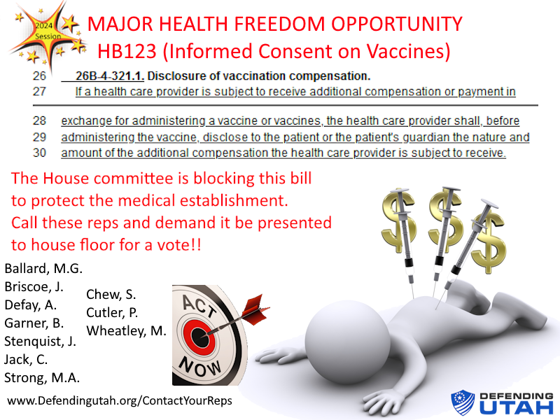 DefendingUtah's tweet image. MAJOR HEALTH FREEDOM OPPORTUNITY - HB123 (Informed Consent on Vaccines)

Did you know that many doctors get PAID to force vaccines onto their patients?  Did you know this has been happening for decades?  Did you know that most patients have no idea about this conflict of…