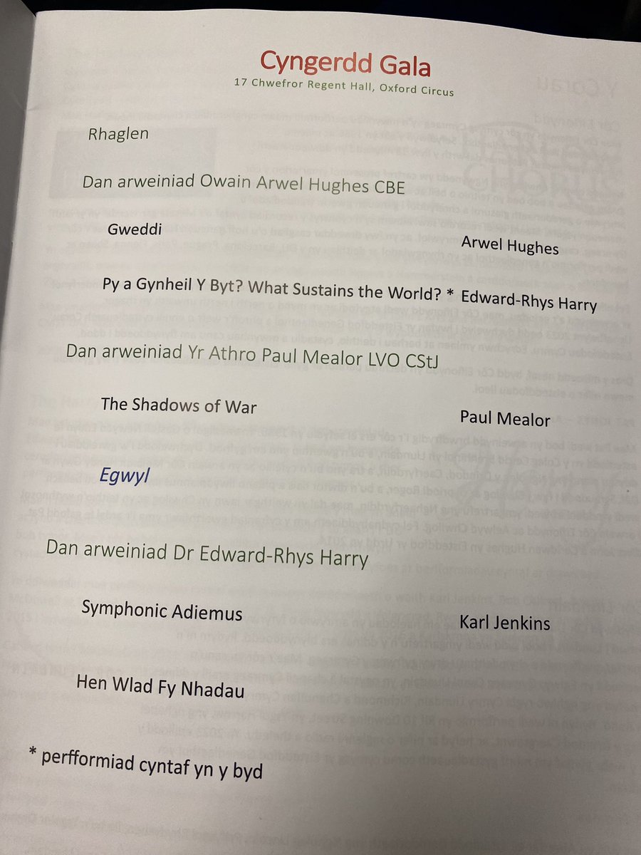 Noson arbennig yn Llunden yng nghwmni Owain Arwel Hughes, Paul Mealor, a Chorâl Cymry Llundain 
Perfformiad cyntaf ‘Py Gynheil y Byt?’ gan Dr Edward-Rhys Harry. A gan ddathlu penblwydd Syr Karl Jenkins , ‘Symphonic Adiemus’. Llongyfarchiadau oll.