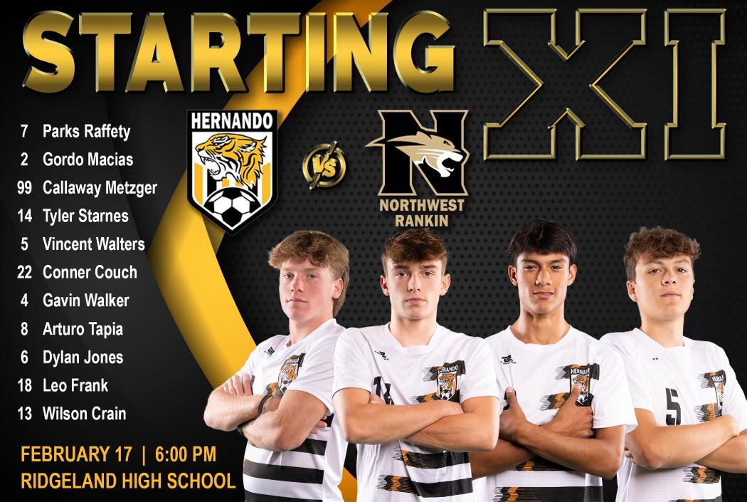 HHSSoccerBoys22's tweet photo. Your Tigers Starting XI on The Pitch vs NW Rankin tonight!!! Match Time 6:00PM at Ridgeland for the MS 7A State Championship!!! #TPOD….. games are behind schedule 

📺  https://t.co/a07z3WJ72w https://t.co/T4GCfmANjZ