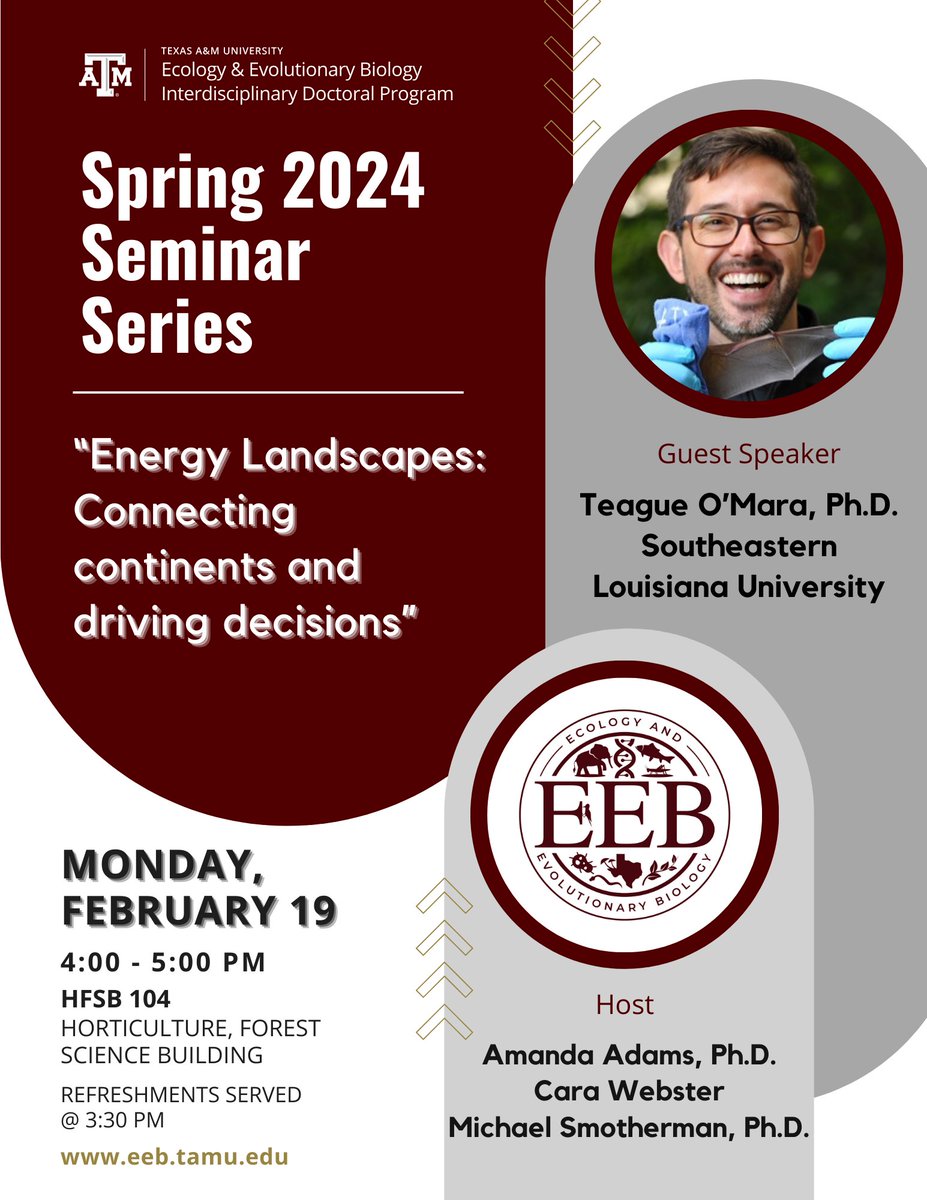 EEB at TAMU (@tamueeb) on Twitter photo Join us Feb 19 at 4pm to hear Teague O'Mara <a href="/teague_o/">Teague O'Mara</a> on "Energy Landscapes: Connecting continents and driving decisions." Join us Feb 19 at 4pm to hear Teague O'Mara <a href="/teague_o/">Teague O'Mara</a> on "Energy Landscapes: Connecting continents and driving decisions."