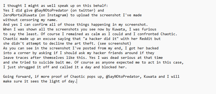 ZeDoctorBlur's tweet photo. @SayNOtoPredator @KuwataZero Here's my statement regarding the Chaotic Thing + a whole screenshot of that convo, backing up everything I've said. https://t.co/inUCrj4uoC