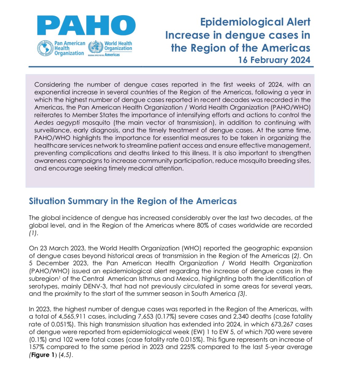 Epidemiological Alert @pahowho - Increase in #dengue cases in the Region of the Americas - 16 February 2024 paho.org/es/documentos/…