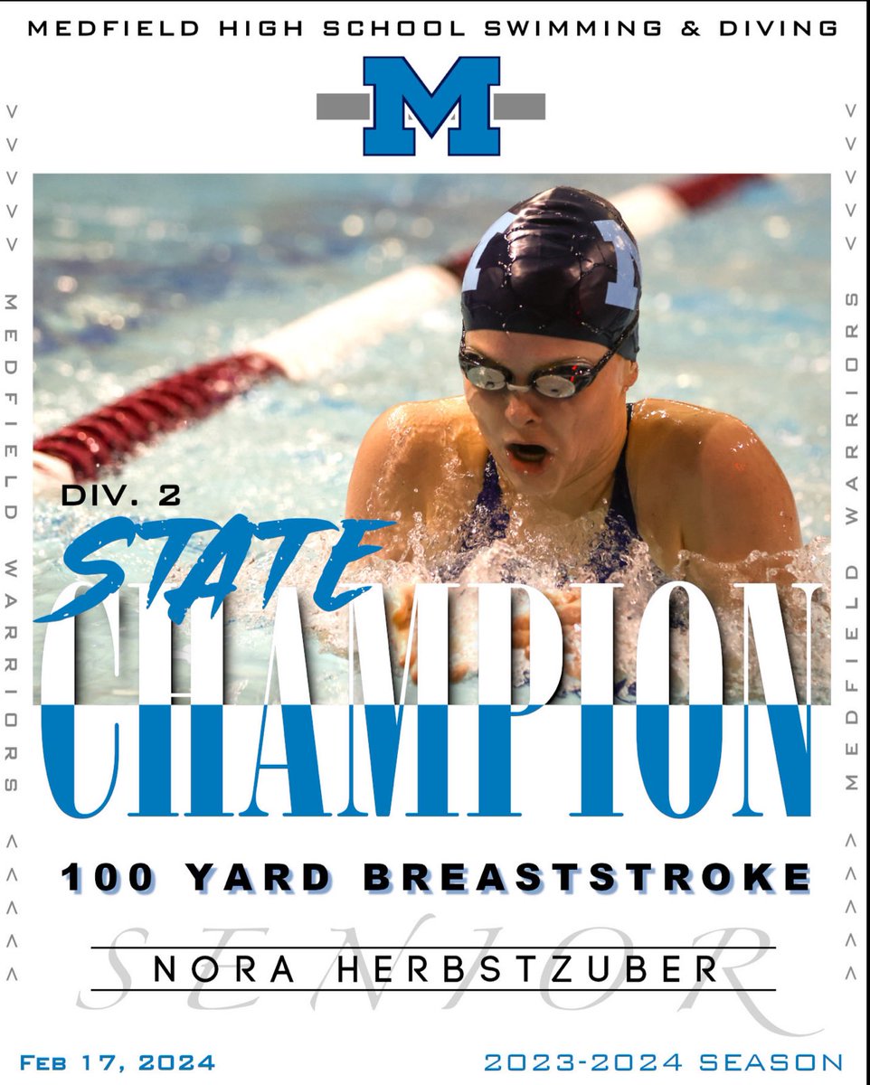 Girls <a href="/MIAA033/">MIAA</a> Swim &amp; Dive State Championships:

100 Breast; 
1st 🥇 place for Nora Herbstzuber with a time of 1:06.32 (school record)!!

State Champion!

#legit #ProudAD 

<a href="/coachmace/">Michael Mason</a> <a href="/TVLSportsMa/">TVL Sports Updates</a> <a href="/HometownWeekly/">Hometown Weekly</a> <a href="/GlobeSchools/">Boston Globe Schools</a> <a href="/BostonHeraldHS/">Danny Ventura</a>