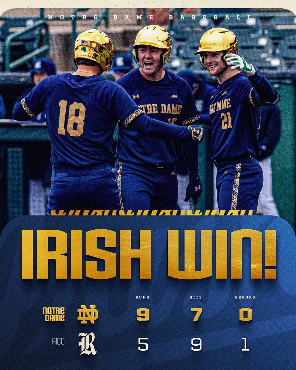 IRISH WIN ☘️

David Glancy and Simon Baumgardt homer, while Tobey McDonough earns the win in his first appearance for Notre Dame and Nate Hardman gets the save.

#GoIrish