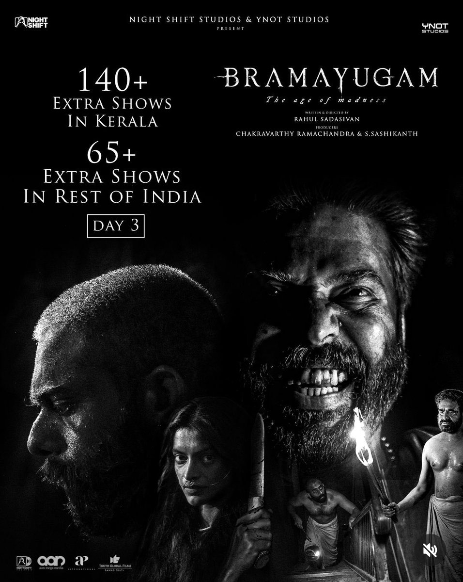 Top Day3 Ticket Sales at #BMS-Malayalam Movies

1. #KannurSquad - 161K
2. #Neru -138K
3. #Bramayugam - 125K ✅
4. #AbrahamOzler - 95K
5. #Premalu - 88K
6. #Kaathalthecore - 56K
7. #AnweshippinKandethum - 49K
8. #MalaikottaiVaaliban - 30K
