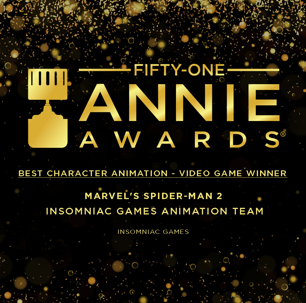 And the Annie Award for Best Character Animation - Video Game goes to . . . the Insomniac Games Animation Team for Marvel's Spider-Man 2! @insomniacgames #51stannieawards #asifahollywood