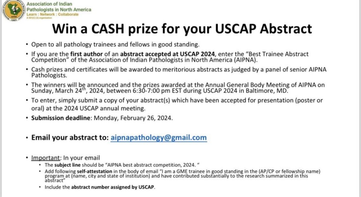 Application open for abstract awards. #USCAP2024