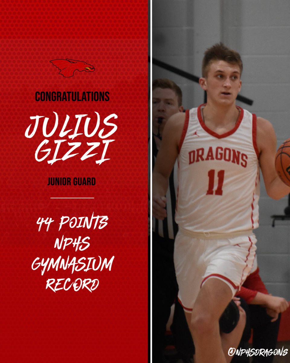 In tonight's game, junior Julius Gizzi tallied 44 points and 15 rebounds, setting an NPHS gymnasium record. Gizzi broke the previous record of 41, set by Maximus Gizzi in 2020, also against Whiteland. 

The school record is 46, set by Ryan Curry at Shelbyville in 2015.