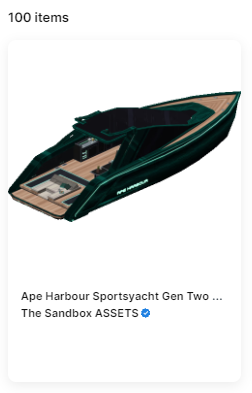 Yuhuu...'Ape Harbor Sports Yacht Gen Two Green' is the 100th NFT in my wallet!. One year in this community has been amazing. Thank you Sandbox community (Sandbox, real friends, game studios, game creators) for making this happen.😊 #Thesandbox #NFTCommmunity