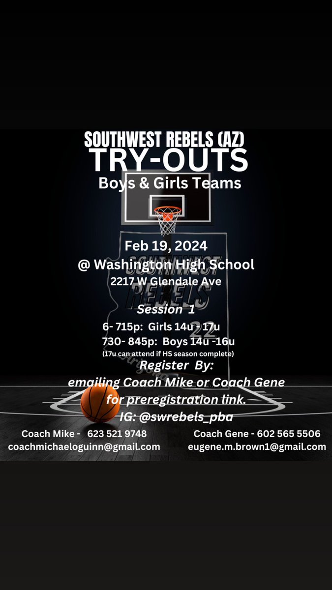 Register for Session 1 tryouts now!! Monday, February 19th @ Washington HS Girls 14u-17u 6-715p Boys 14u-16u 730-845p Contact Coach Mike 6235219748 or Coach Geno 6025655506 to register #azrebels #southwestrebels #hardworknohype #independent #clubbasketball