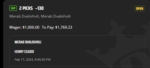 Devin’s Bookie (@devinsbookie) on Twitter photo ✅Merab SGP (-130) 
-130 for something that’s hit in 10/11 (91%) of his fights? Sign me up. 
Great card so far. Let’s finish strong. 
#UFC298 ✅Merab SGP (-130) 
-130 for something that’s hit in 10/11 (91%) of his fights? Sign me up. 
Great card so far. Let’s finish strong. 
#UFC298