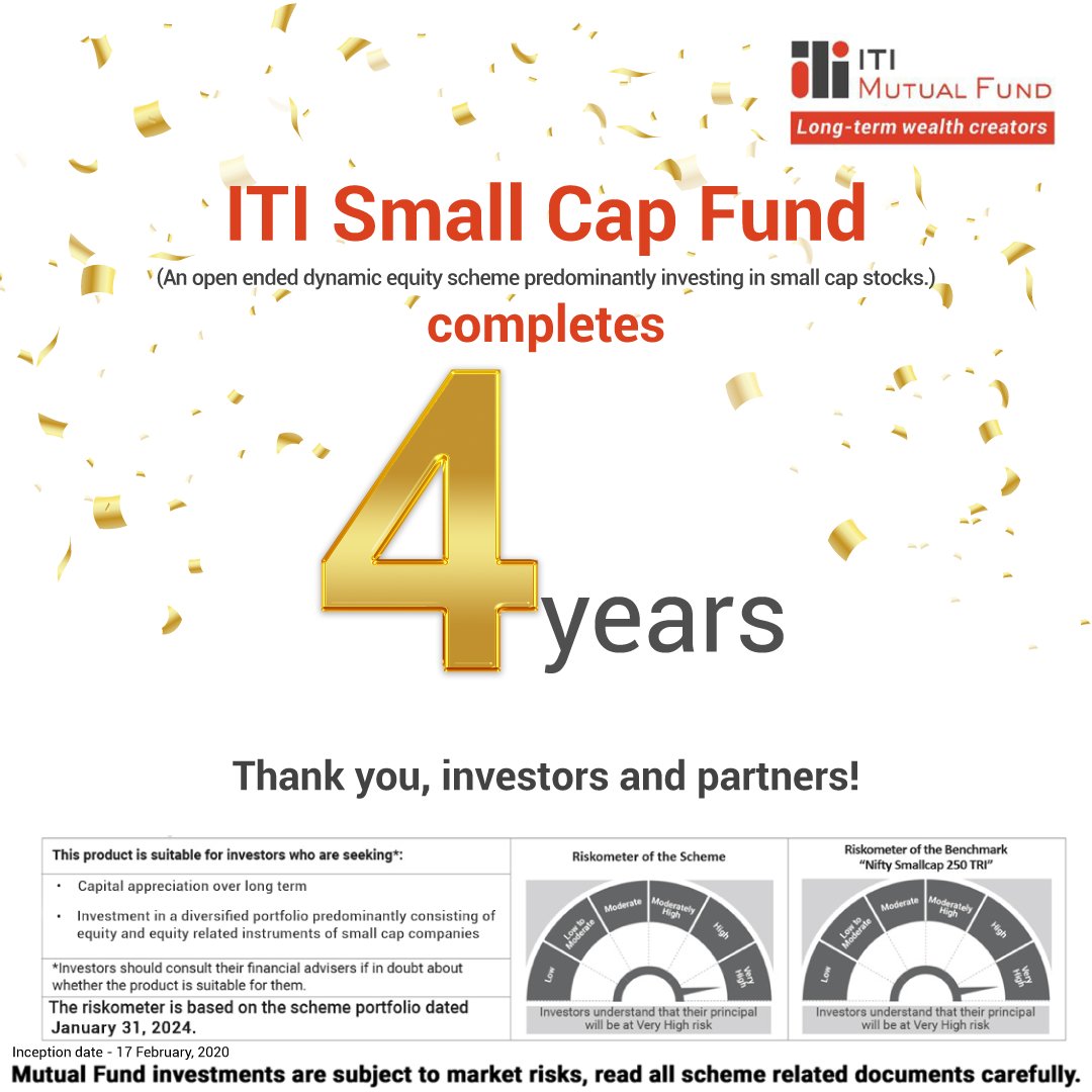 itimutualfund's tweet image. Celebrating 4 years of growth and success with ITI Small Cap Fund! We are grateful for the unwavering support from our investors and partners throughout this journey. Here's to many more milestones ahead!

#ITIMutualFund #ITISmallCapFund #SmallCapFund #Anniversary #Milestone