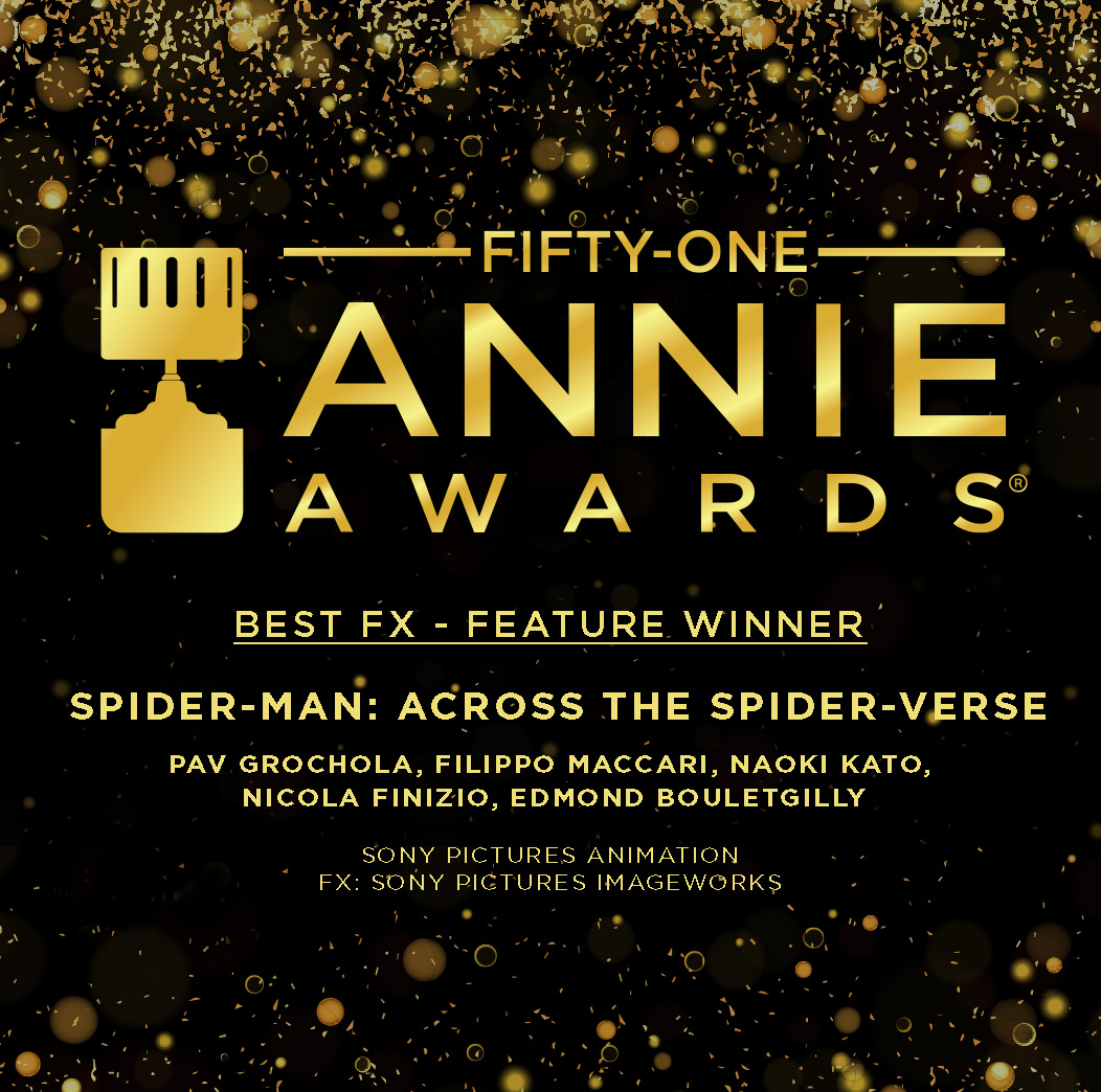 And the Annie Award for Best FX - Feature goes to . . . Spider-Man: Across the Spider-Verse! @SpiderVerse @SonyAnimation #51stannieawards #asifahollywood