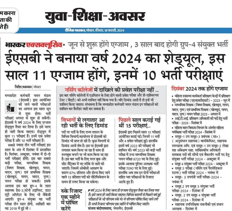 वर्तमान वर्ष 2024 में आएंगी 10 भर्ती। #ESB #Madhyapradesh #bhopal #Jobs