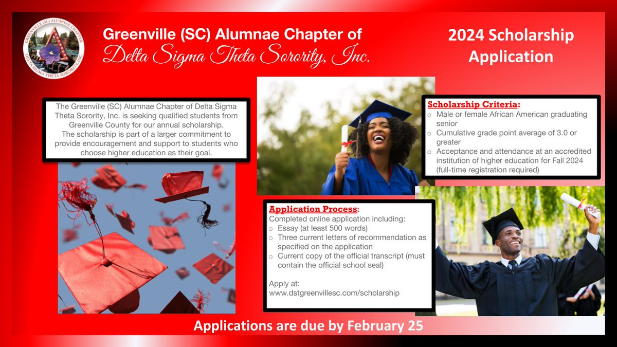 We seeking qualified Greenville County students for our annual scholarship. 

Please visit the Scholarship section of our website at dstgreenvillesc.com/scholarship to review qualifications and to complete the application by February 25.
#GSCAC #Scholarship