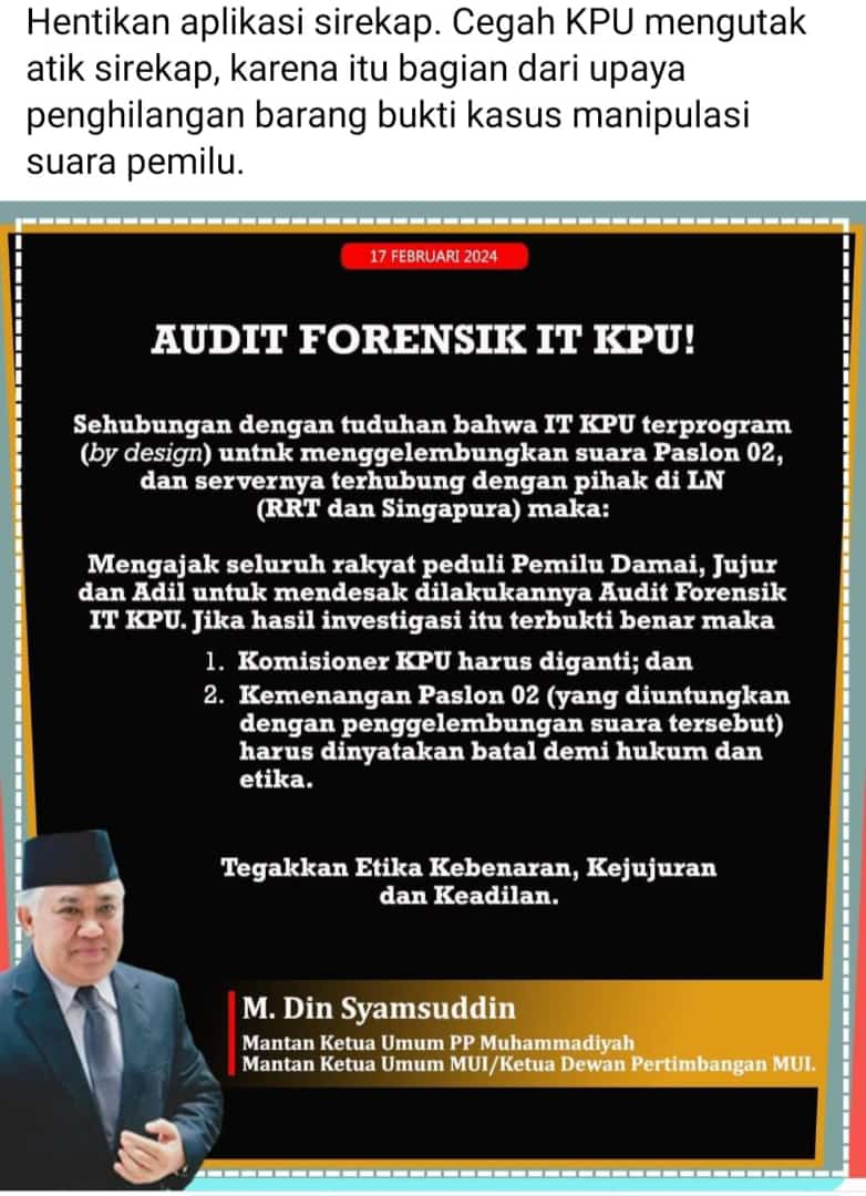 HusniSeeban's tweet image. Din Syamsudin: Audit Forensik IT KPU !!!

Sebar luaskan. Tidak akan digubris jika TIDAK VIRAL

TUMAN ☝