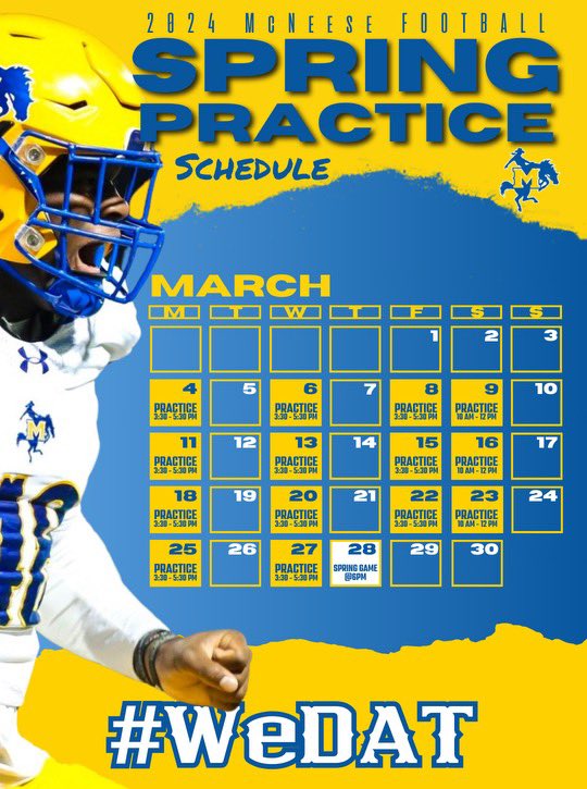 <a href="/McNeeseFB/">McNeese Football</a> spring ball schedule is finally out. I can’t wait to get on the field with this team.  #WeDAT
