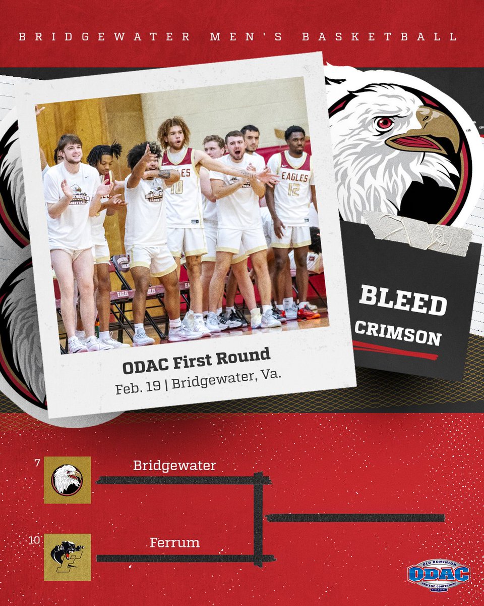 IT'S OFFICIAL 🔐 @BridgewaterMBB will host Ferrum in the Opening Round of the ODAC Men's Basketball Tournament on Monday at 7 PM #BleedCrimson #GoForGold #d3hoops 🔗 tinyurl.com/22elkhmg