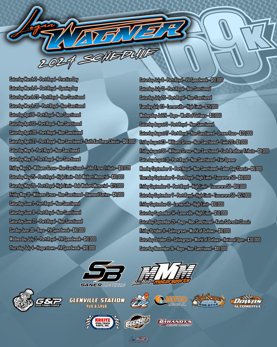 🔵2024 @LoganWagner_ / @KreitzRacing69K 🔵 Schedule is subject to last minute changes. If changes arise we will do our best to keep everyone informed on social media . BRING ON RACE SEASON Thanks Hockdizzle Designs