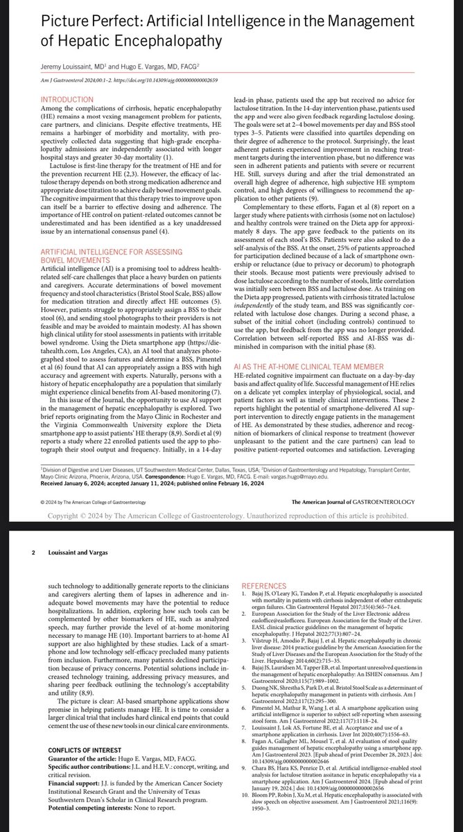 AI: the at-home clinical team member A great editorial on AI-based apps for remote monitoring of hepatic encephalopathy by the one and only @jlouissaint89, with @hevargasmd doi.org/10.14309/ajg.0… @AmJGastro @JasmohanBajaj @DougSimonetto #livertwitter