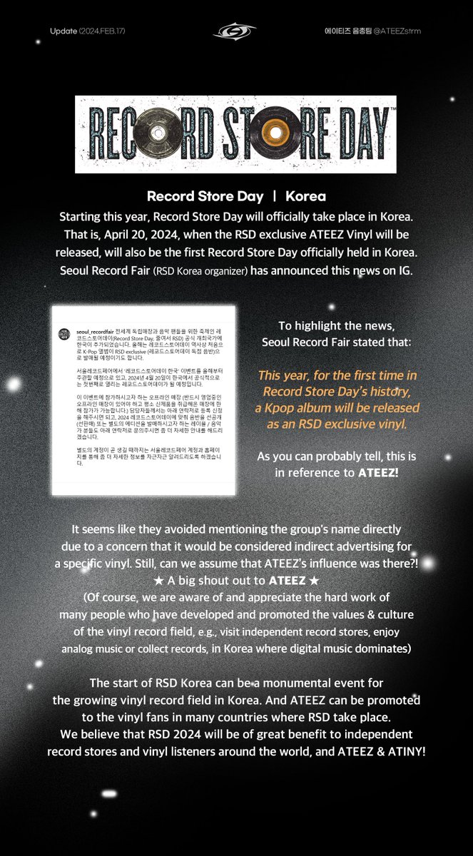 Starting this year, Record Store Day will officially take place in Korea as well. Highlighting this news, the RSD Korea organizer briefly talked of ATEEZ. We found many implications here, so we're sharing this with ATINY! ⤵️
#ATEEZRSD #RSD24 #ATEEZ
#RSD_KpopArtistOfTheYear_ATEEZ
