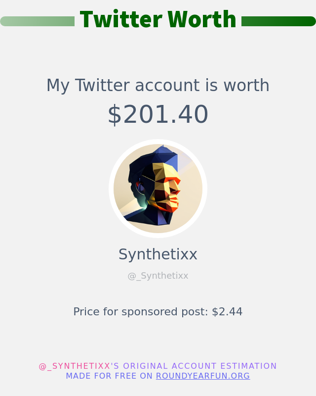 My Twitter worth is: $201.40

➡️ funxgames.me/twitterworth