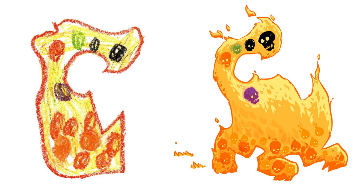 This skull-filled (or possibly skull-fueled) flame monster was designed by kid artist Mariana. @monsters.go posts these kid drawings for artists like me to redraw, follow them if you want to see more monster drawings. #MonstersGoMariana #MonstersGo #DrawThisInYourStyle