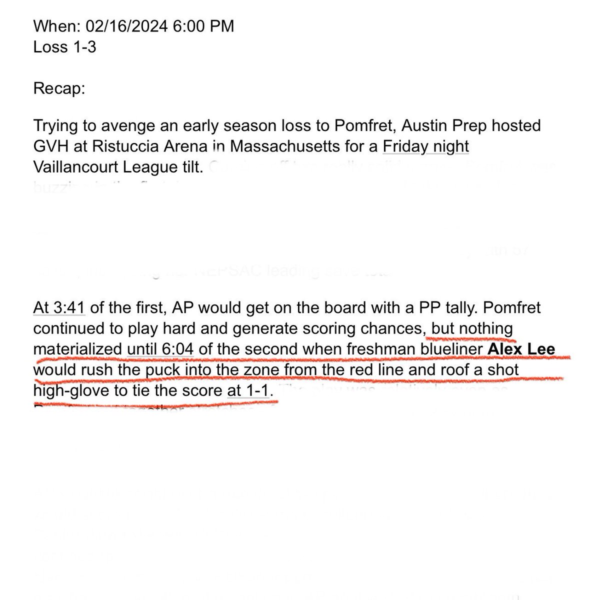 Excerpt from Austin Prep game recap #nepsgiha #nepsac #womenshockeylife #whlambassador #aleehockey #neutralzonewomen #aleehockey #hockeydefenseman #hockeygoal #hockeytalk #pomfretschool #hockeygame