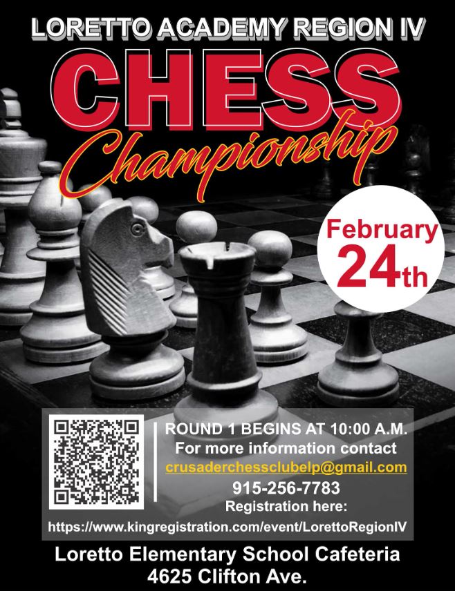 mrleebooks's tweet image. Registration into the Texas Chess Association #TCA #RegionIV Scholastic Chess Championship at Loretto Academy is located here: kingregistration.com/event/LorettoR… #ChessConnect Hopeful for a great turnout especially in the middle school division! #check!👑 

#TXRegionIVChess2024