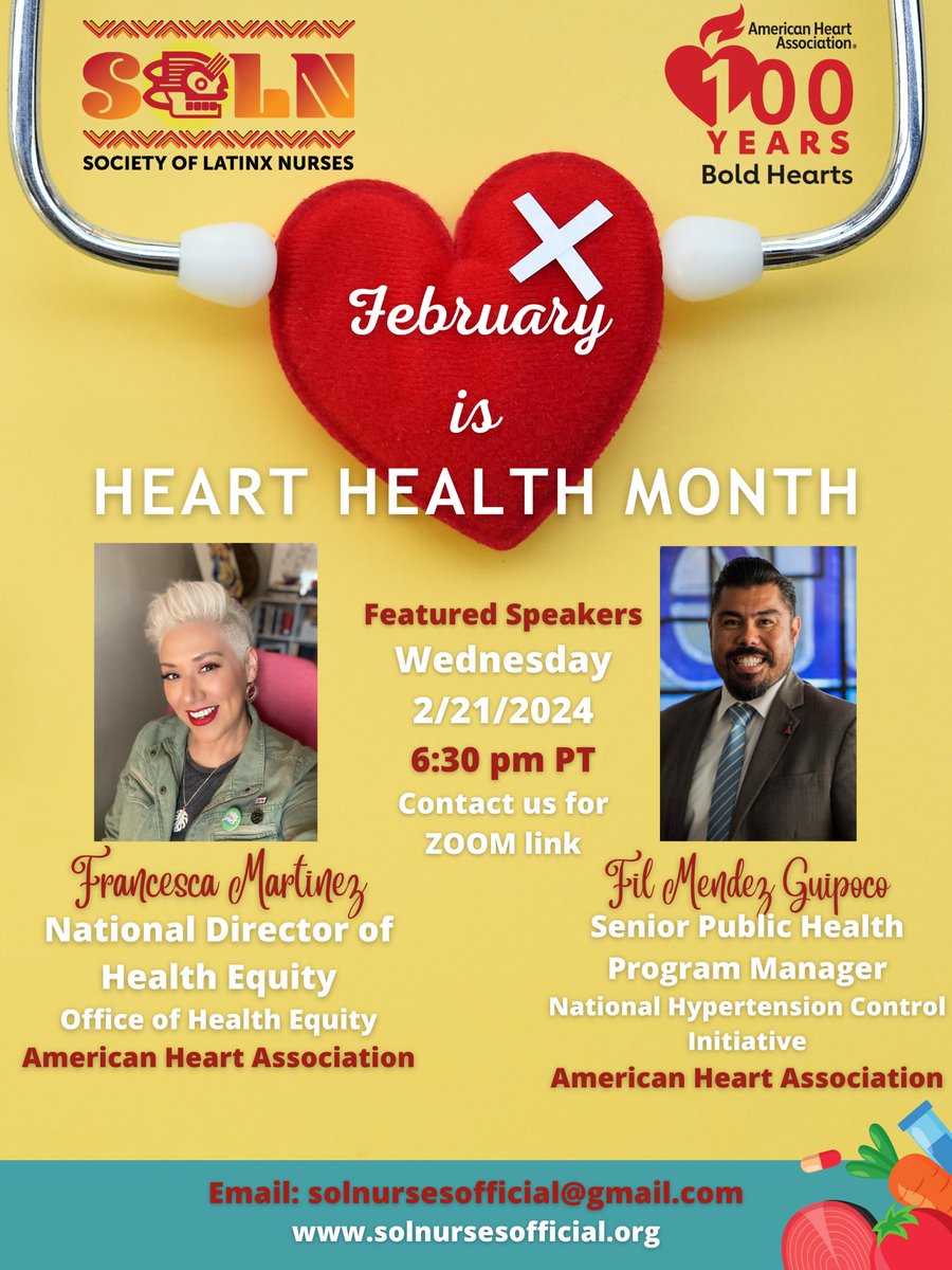 Join us with special guests from the national office at the American Heart Association! Learn about important initiatives taking place around heart health, network & get the latest updates regarding SOLN! #SOLN #Nursing #HealthCareers #BlackHistoryMonth #HeartHealthAwarenessMonth