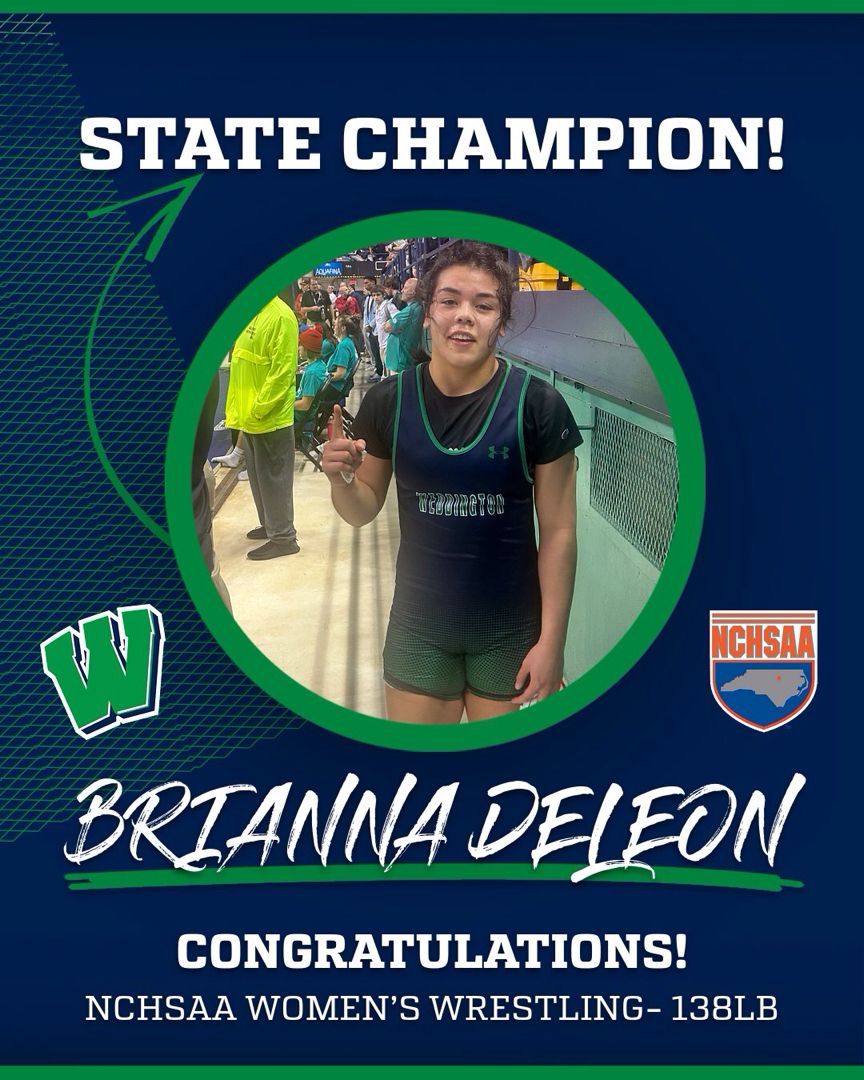 Junior Brianna DeLeon is the NCHSAA 138lb. STATE CHAMPION! Brianna beat the first, second and third ranked wrestler to earn her state title tonight! This is her 2nd state title, earning her 132lb state title last season! Congrats Brianna! @AGHoulihan @UCPSNC @UCPSNCAthletics