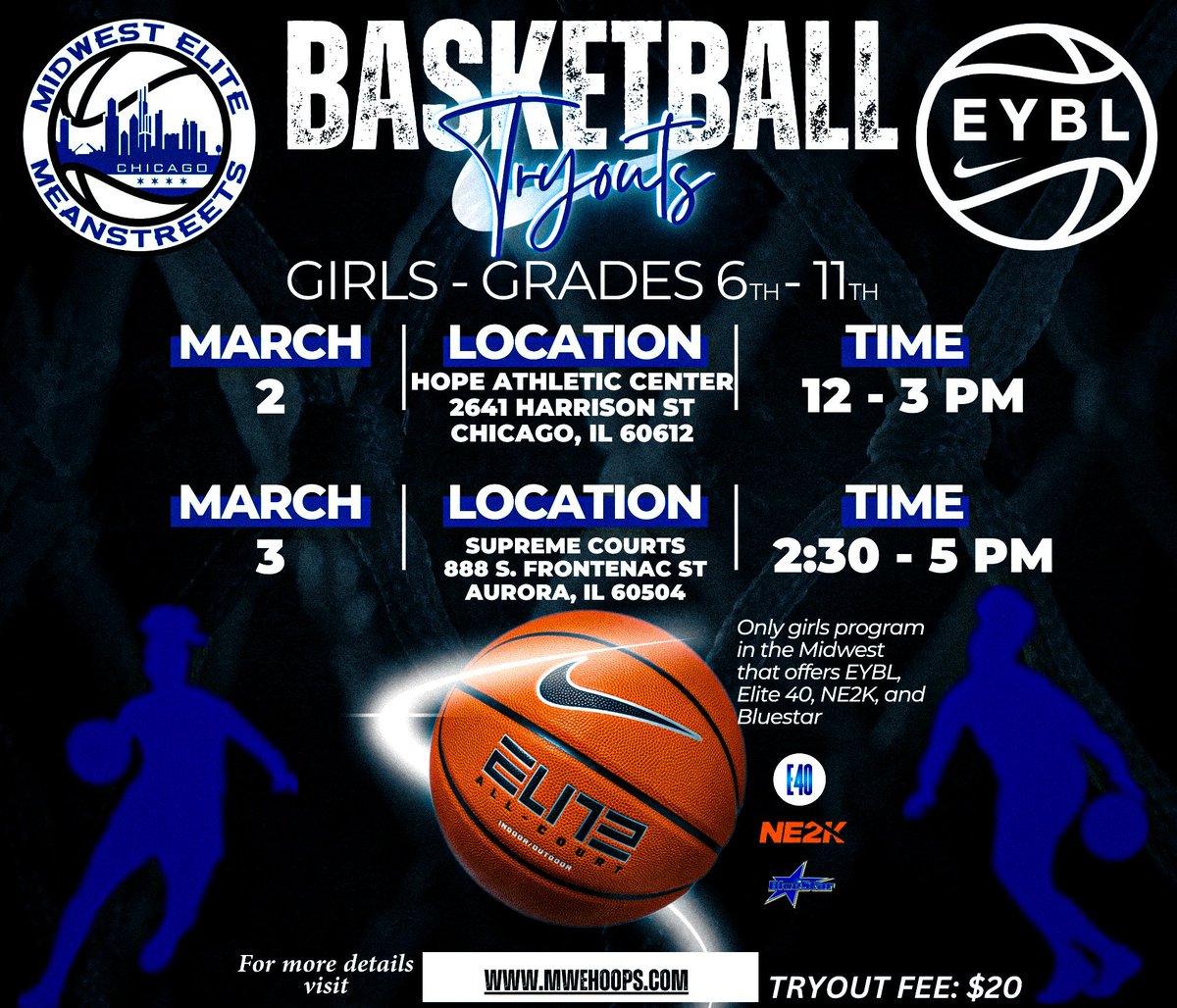 🏀 Midwest Elite Meanstreets EYBL Girls' Basketball Tryouts 🏀 Join the Elite! Midwest Elite Meanstreets EYBL, the only EYBL girls' program in Chicagoland, invites you to our upcoming basketball tryouts. If you're looking to elevate your game and join an elite circuit with