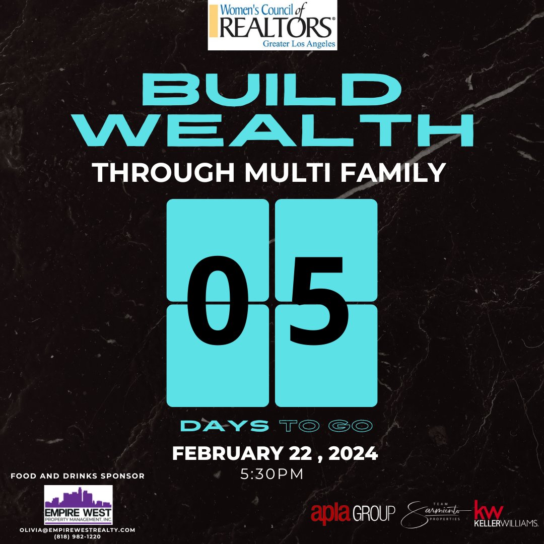 TeamSarmiento's tweet photo. 🚨🚨𝐂𝐀𝐋𝐋𝐈𝐍𝐆 𝐀𝐋𝐋 𝐑𝐄𝐀𝐋𝐓𝐎𝐑𝐒!!🚨🚨

Just 5 days left!   Join us at the Wealth Building Workshop, presented by the Women's Council of Realtors Greater Los Angeles, this Feb. 22, 2024, at 5:30 pm. Secure your spot now and unlock the path to financial empowerment! https://t.co/FoxiZsA1rj